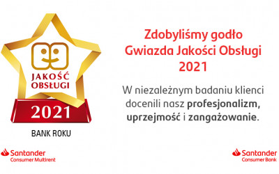 Santander Consumer Bank zdobył godło Gwiazda Jakości Obsługi 2021